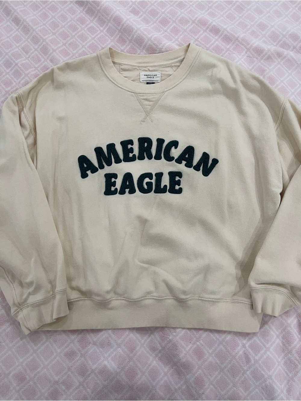 American Eagle Outfitters Cream Crewneck Sweatshirt with Dark Logo